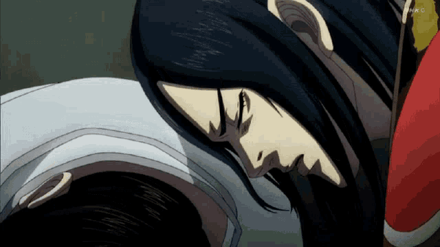 a cartoon of a man laying on another man 's head with the letters nhk g visible