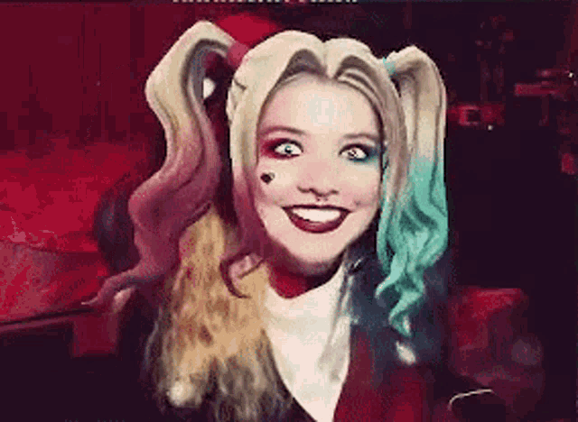 a woman in a harley quinn costume is smiling and looking at the camera .