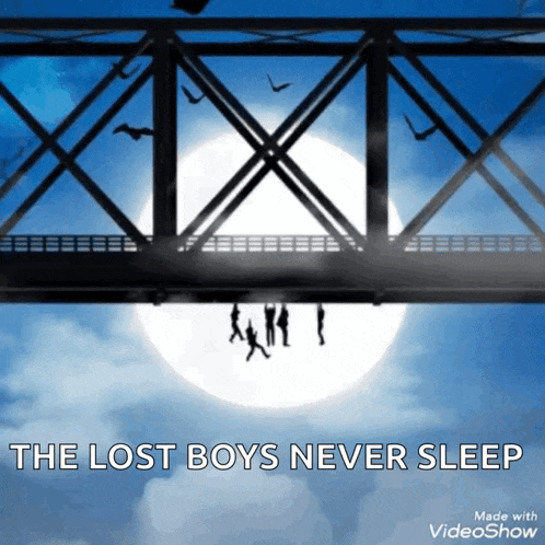 a poster for the lost boys never sleep shows a bridge and a full moon