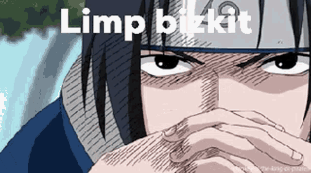 a close up of a person covering their mouth with their hands and the words limp bizkit written above them
