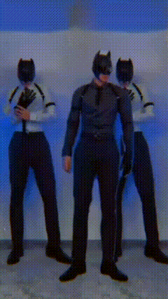 a man in a cat suit is standing in a line with two other men