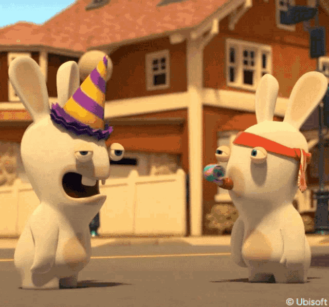 two cartoon rabbits one wearing a party hat and the other wearing a bandana