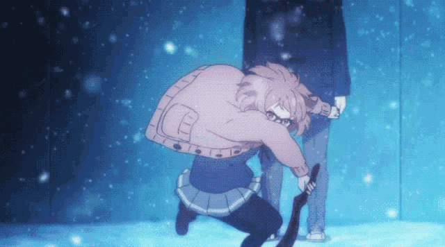a girl with glasses and a pink jacket is holding a sword in the snow