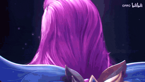 a woman with purple hair is standing in front of an oppo logo