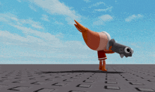 a cartoon character is doing a handstand on a gray surface