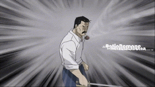 a cartoon of a man holding a sword with the word demons written on the bottom