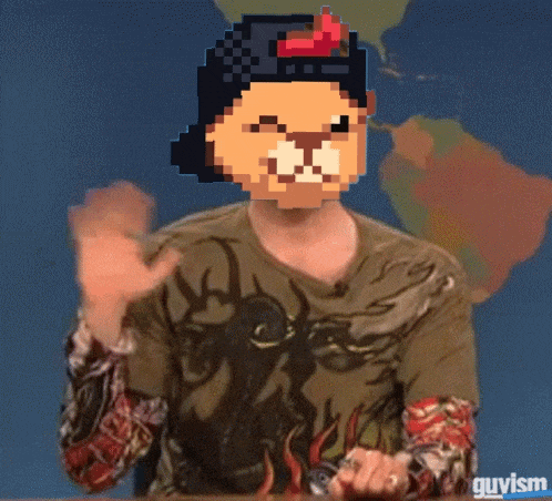 a pixelated image of a man wearing a shirt that says ' guyism ' on it