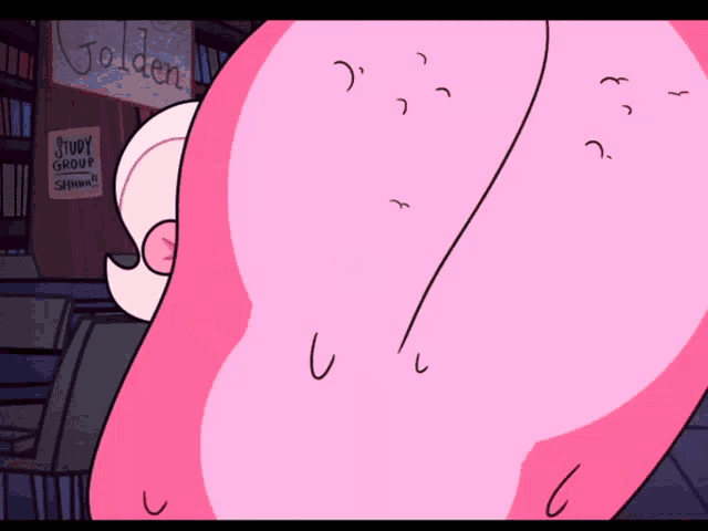 a pink cartoon character is standing in front of a golden sign