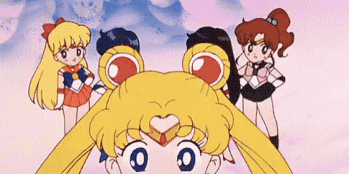 sailor moon and her friends are standing next to each other in a cartoon .