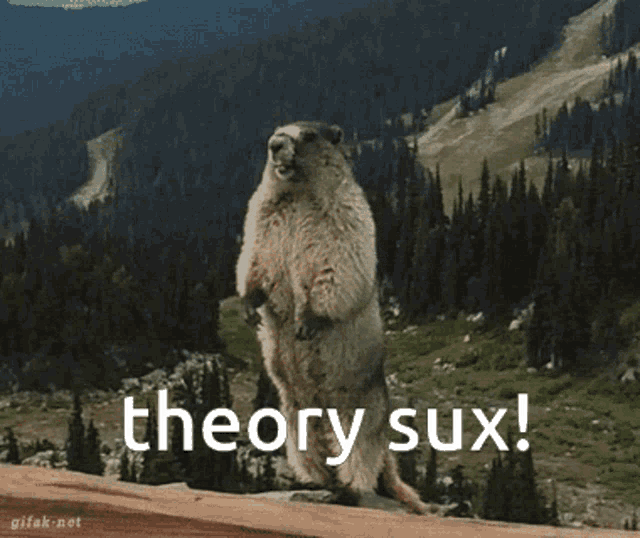 a ground squirrel standing on its hind legs with the words theory sux above it