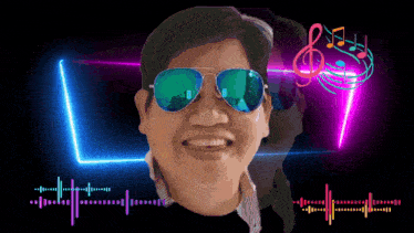 a man wearing sunglasses and a treble clef is smiling