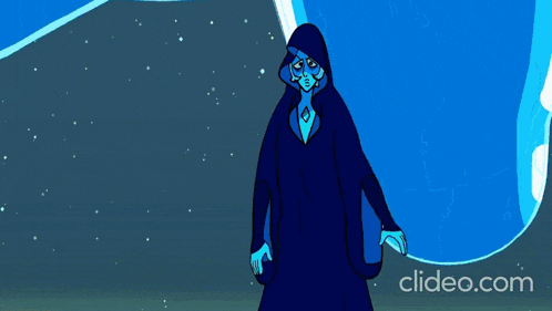 a blue cartoon character is standing in front of a white circle .