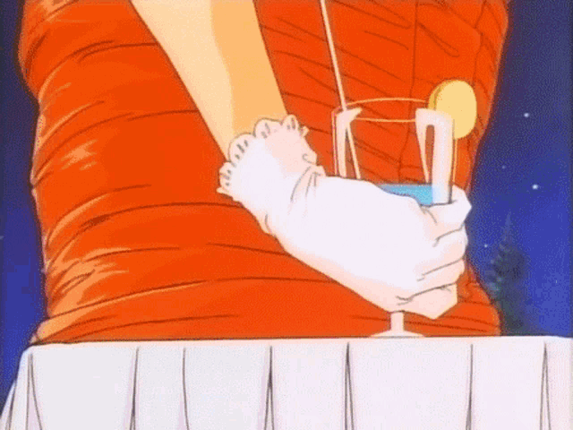 a woman in a red dress and white gloves is holding a glass of liquid .