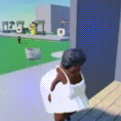 a person in a white dress is walking down stairs in a video game .