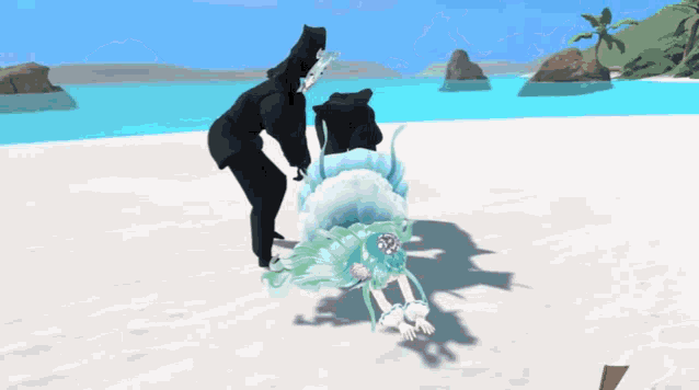 a woman in a blue dress is laying on the beach