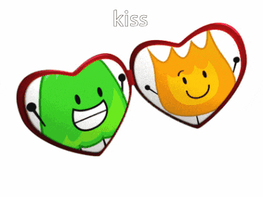 a green heart and an orange heart with the word kiss written on it