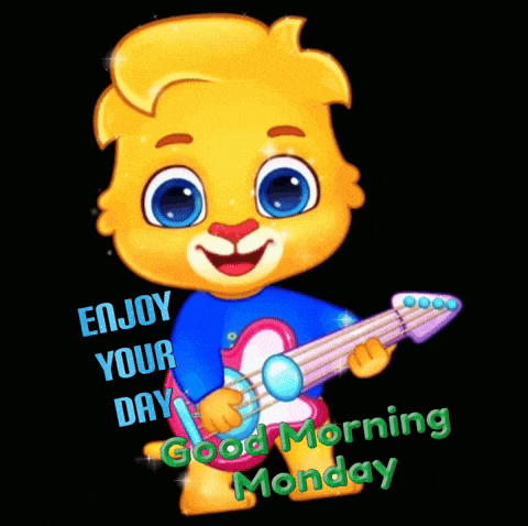 a cartoon of a bear holding a guitar with the words enjoy your day good morning monday