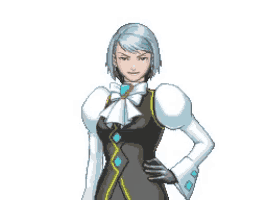 a pixel art of a woman standing with her hands on her hips and a bow tie .