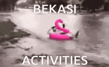 a person is floating on a pink flamingo float in the water .
