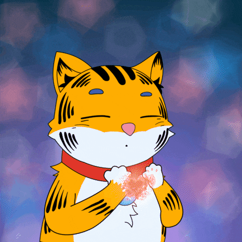 a cartoon cat with a red collar is holding a heart in his paws