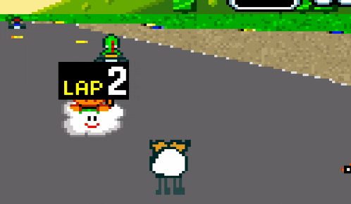 a pixel art drawing of a race track with a green car in the foreground