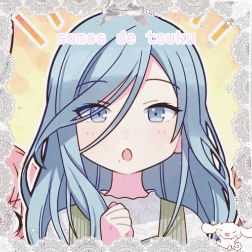 a picture of a girl with blue hair and the words somos de tsuki on the bottom