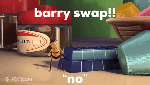a bee is standing next to a jar of cumin and the words barry swap