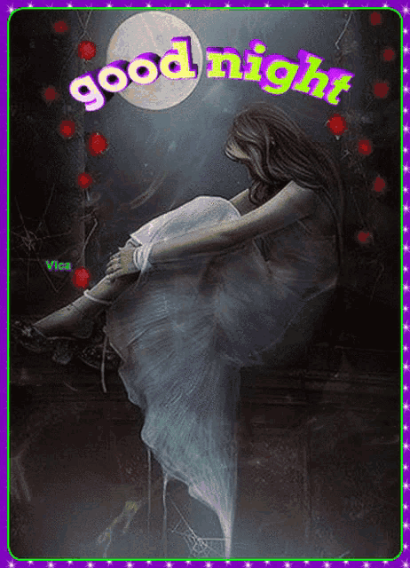 a picture of a woman sitting in front of a full moon with the words good night above her