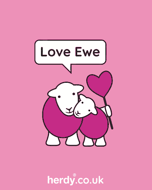 a cartoon of two sheep hugging each other with a speech bubble saying love ewe