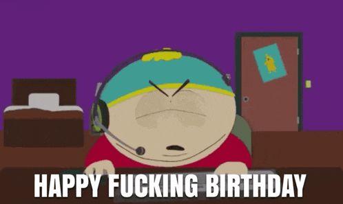 a cartoon character with a headset and the words happy fucking birthday