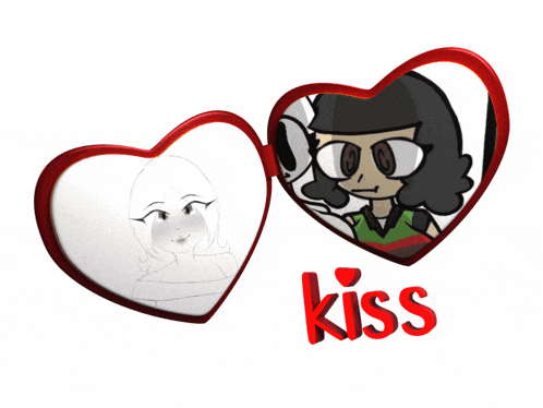 a drawing of a girl and a drawing of a man in a heart shaped frame that says kiss