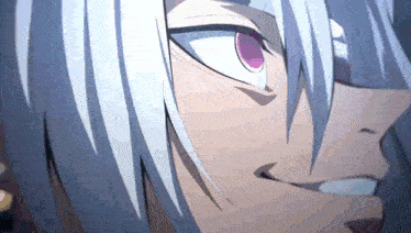 a close up of a person with white hair and purple eyes .