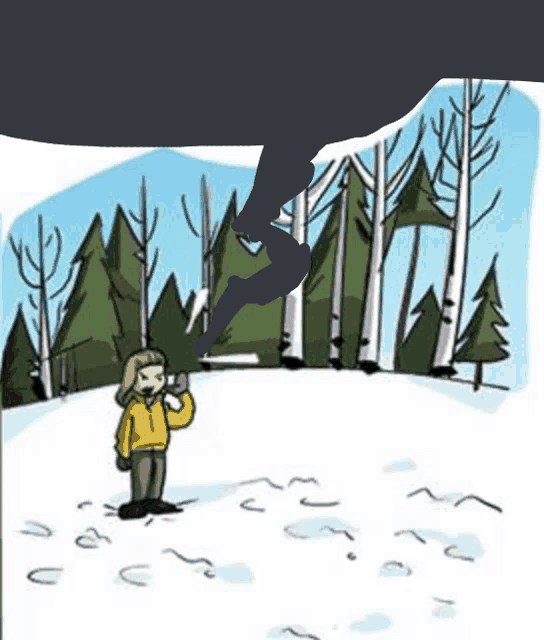 a cartoon of a person in a yellow jacket standing in the snow