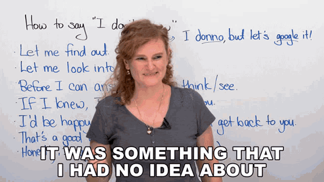 a woman stands in front of a whiteboard that says " how to say i do "