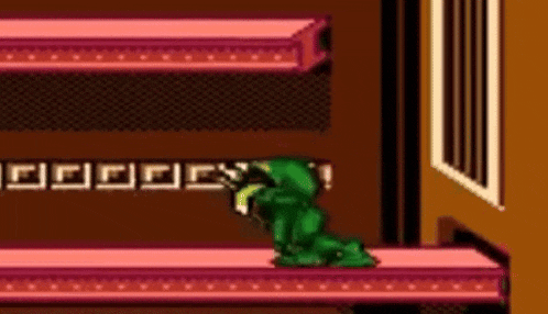 a video game character is standing on a pink shelf .