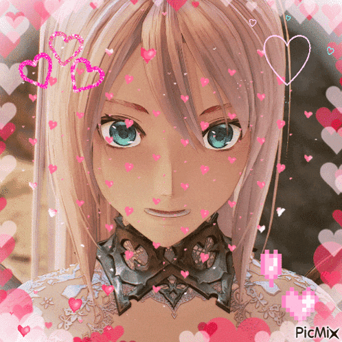 a picture of a girl surrounded by pink hearts with picmix in the bottom right corner
