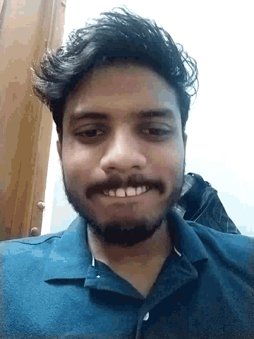 a man with a beard and a blue shirt smiles for the camera