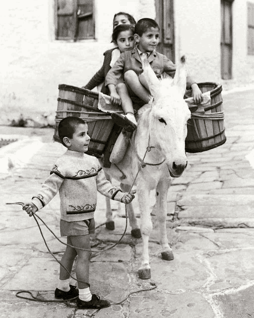 a group of children riding on the back of a donkey with wooden buckets