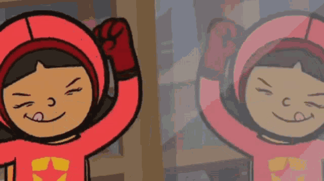 a cartoon of a girl in a red hood standing in front of a mirror