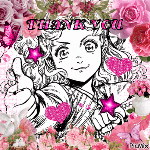 a black and white drawing of a girl surrounded by pink flowers with the words thank you