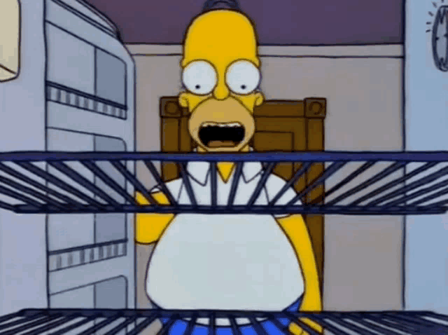 a cartoon of homer simpson standing in front of an empty refrigerator