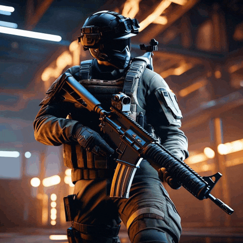 a soldier with a helmet and goggles holding a gun