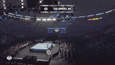 a columbus oh sign hangs above a large stadium