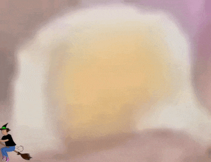 a cartoon drawing of a person riding a broom in front of a ghost .