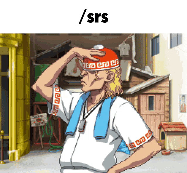 a pixel art drawing of a man wearing a hat and a towel with the word / srs written above him