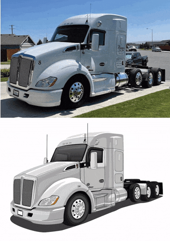 a white semi truck with the number 8 on the side of it