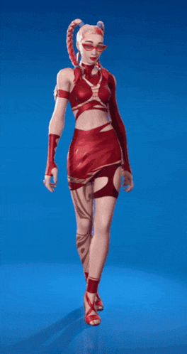a woman in a red outfit is pointing up