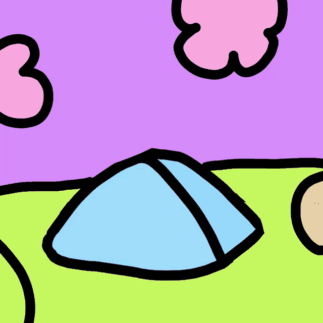 a cartoon drawing of a tent with a purple sky in the background