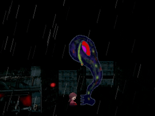 a girl in a red dress is standing in the rain next to a purple monster ..