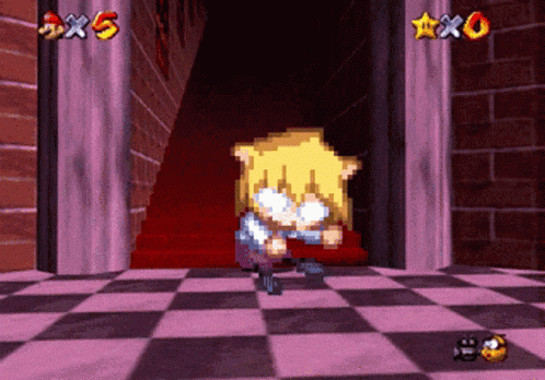 a video game screen shows a cartoon character in a hallway with a red carpet